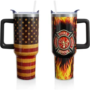 Firefighter Gifts Cup for Men Him, 40 Oz Tumbler with Handle and Lid Straw, Fireman Graduation Retirement Stainless Steel Water Bottle Mug (1 PC)