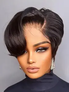 Pixie Cut Lace Front Human Hair Wigs 13x4x1 Lace Frontal Wigs Chic Elegent Short Straight Bob Wigs Pixie Cut Wigs For Black Women 150% Density Natural Black Color