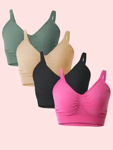 4 Pcs Comfortable & Breathable Pleated Sports Bra Set Without Steel Rings Gathered Design for All Seasons Gym Essentials Sport Bra for Women Womenswear Tops Bralette Basic Comfortable Fit Womenswear Everyday Springtok