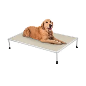 Veehoo Chew Proof Elevated Dog Bed - Cooling Raised Pet Cot - Silver Aluminum Frame and Durable Textilene Mesh Fabric, Unique Designed No-Slip Feet for Indoor or Outdoor Use, Beige Coffee, Large
