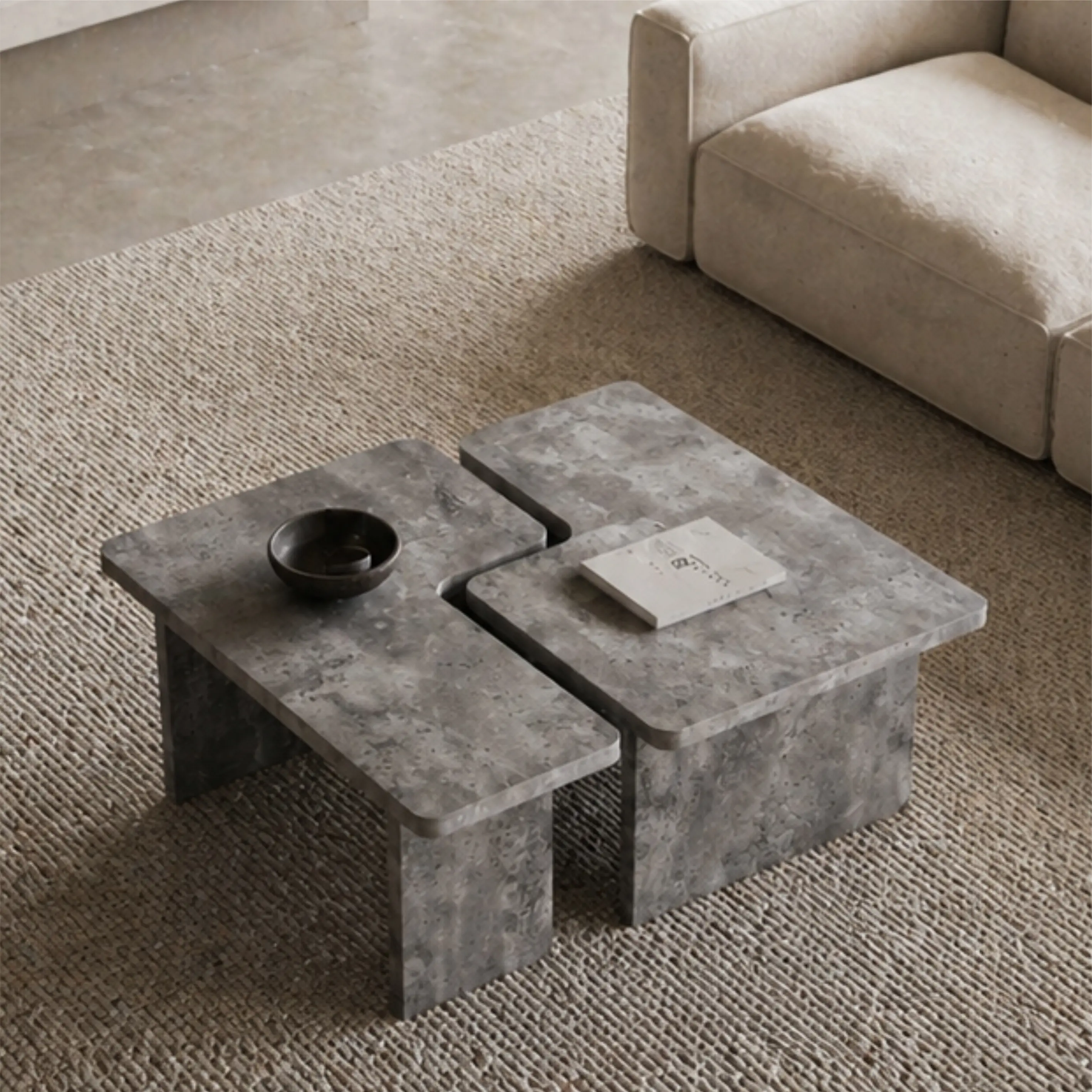[Fahuac] Modular Puzzle Coffee Table Set, L-Shaped Nesting Faux Concrete Cocktail Tables, 2-in-1 Square Rectangle Center Table, Industrial Wabi-Sabi Style.