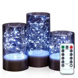 IMAGE 3PCS Acrylic Shell Pillar LED Candles Featuring 13-Key Remote Timer, Battery Operated for Home, Wedding and Party Decor, Grey