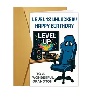 1pc Level 13 Unlocked Gamer Birthday Card Suitable for, & Gamers - 13th Birthday Gift, Gaming Theme Card for Grandson, Leveling System Achievement