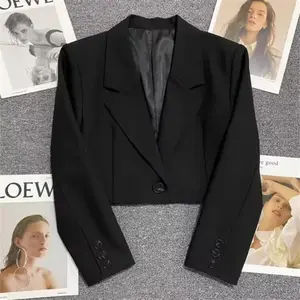 BlackCroppedBlazersWomanTrend2025NewAll-matchNotchedCollarJacketWomenKoreanChicSingleButtonSuitCoat