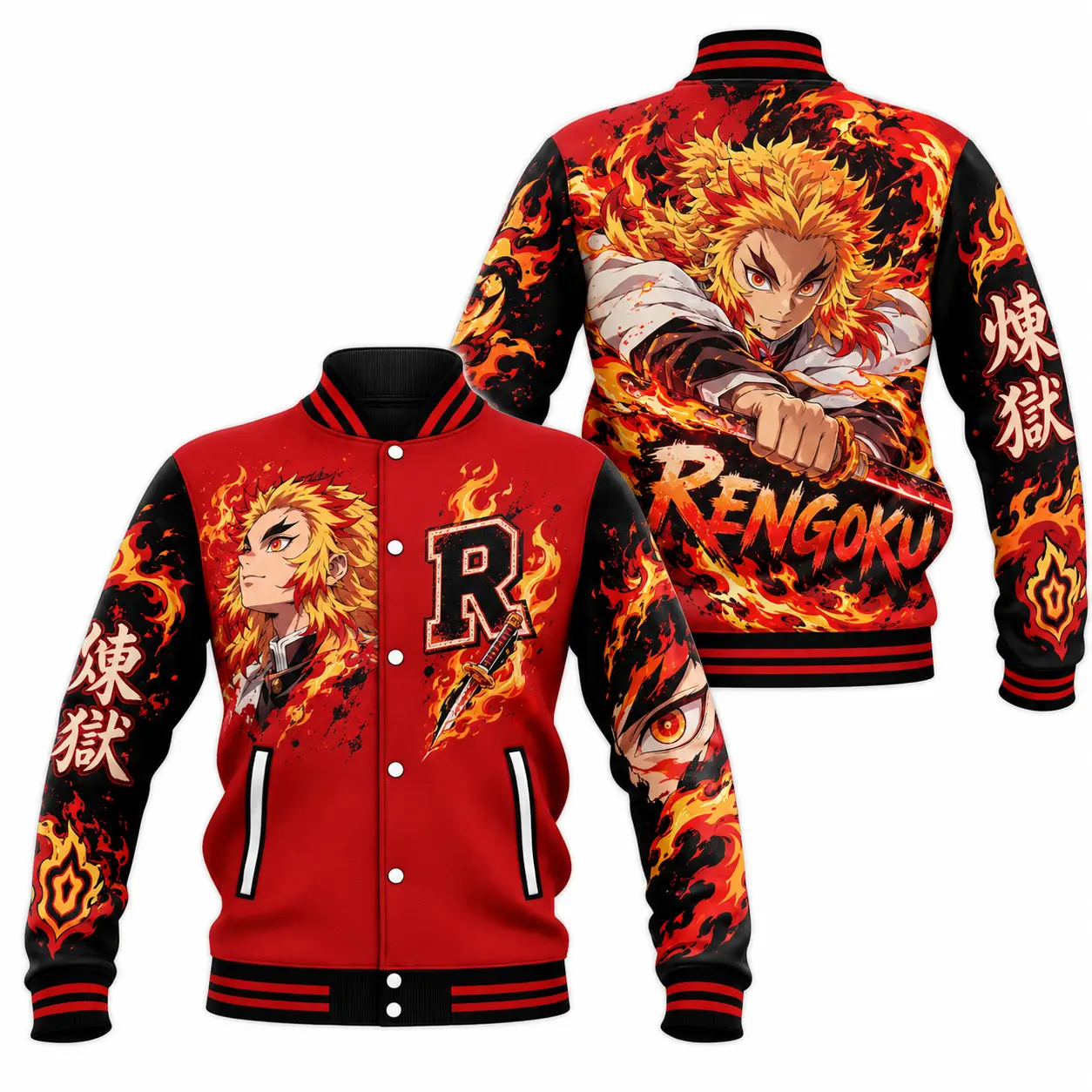 Rengoku Baseball Jacket LN, Flame Hashira Anime Graphic Polyester Outerwear, Demon Slayer Inspired Streetwear For Fans