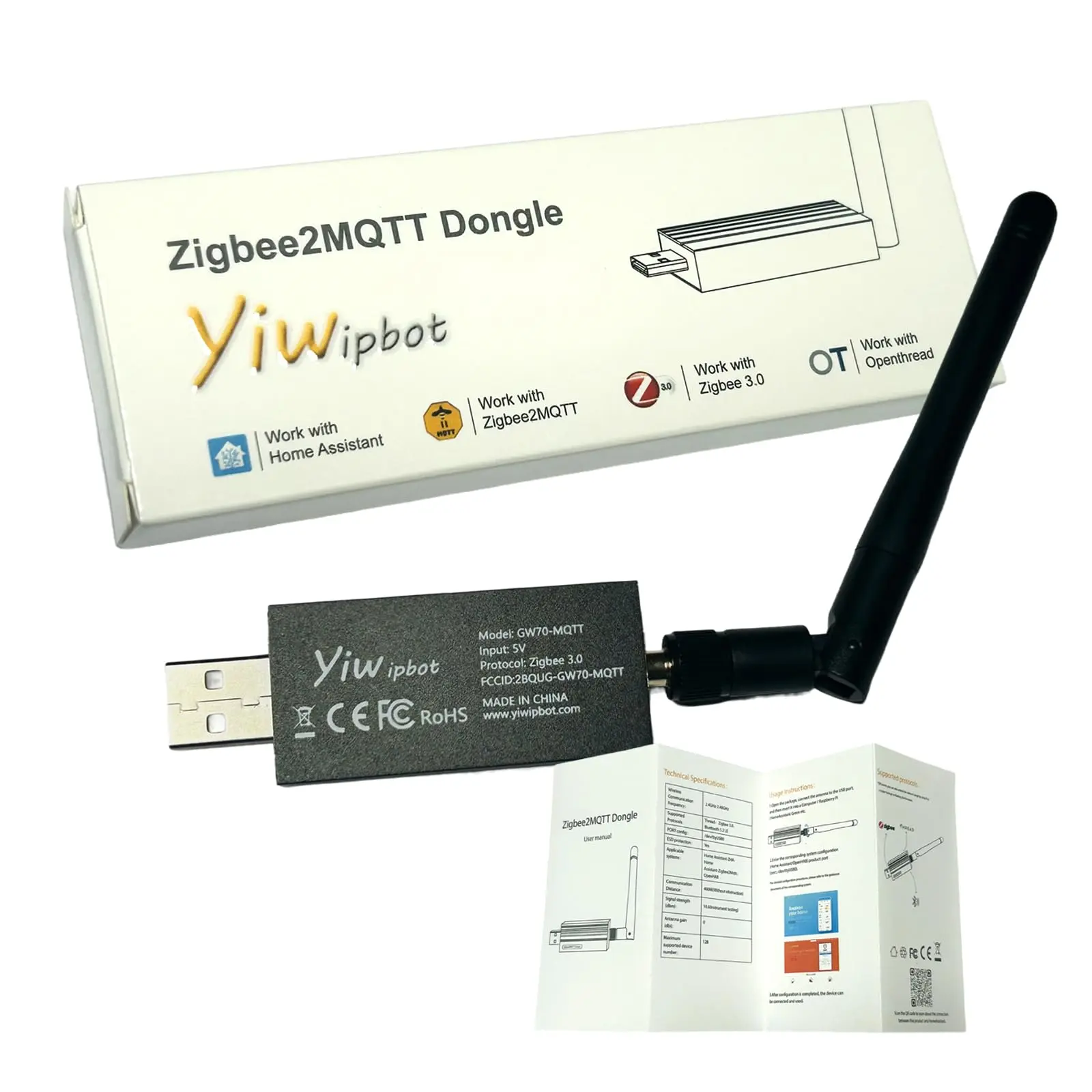 Yiwipbot Zigbee 3.0 USB Dongle-P Plus Gateway Hub, CC2652P+CP2102N Dual Chips Coordinator with External Antenna, 20dBm Output Power Plug-and-Play Adapter for Home Assistant, Smart Enthusiasts
