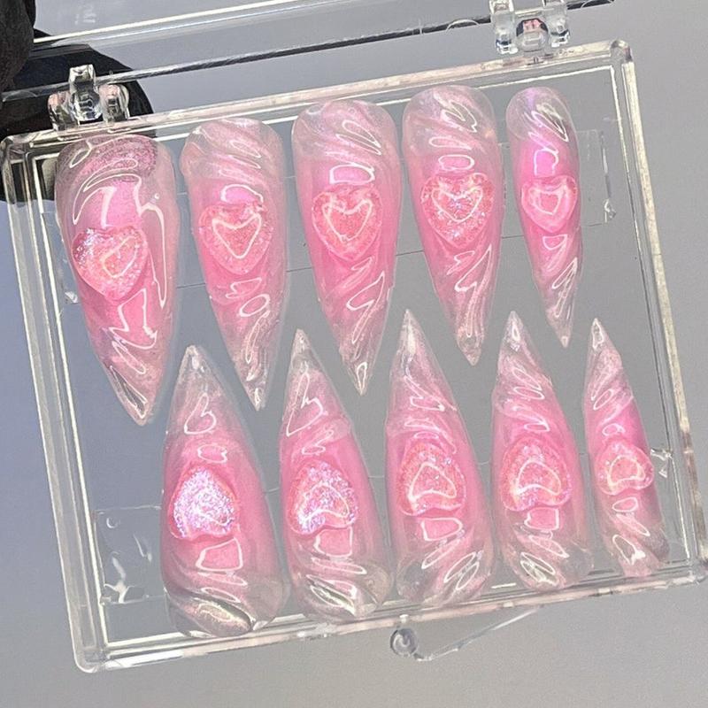 Pink French Tip with Heart Extra Long Coffin Press On Nails, Luxury Fake Nails, False Nails, Glue On Nails