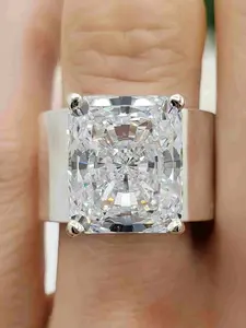 Women's Classic Four Claw Princess Square Zircon Platinum Plated Wide Band Elegant Evening Wedding Ring, Geometric Design, All Seasons