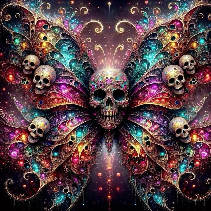5D DIY Craft Full Drill Round Diamond Painting - Diamond Painting Making Kit Skull Butterfly Wings Mosaic Canvas DIY Wall Art, Home Wall Decoration, DIY Kits