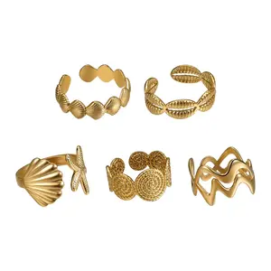 OIDEA Beach Ring Set for Women - 5 Piece Adjustable Stainless Steel K Gold Tone Starfish Shell Wave Coastal Summer Jewelry Gift