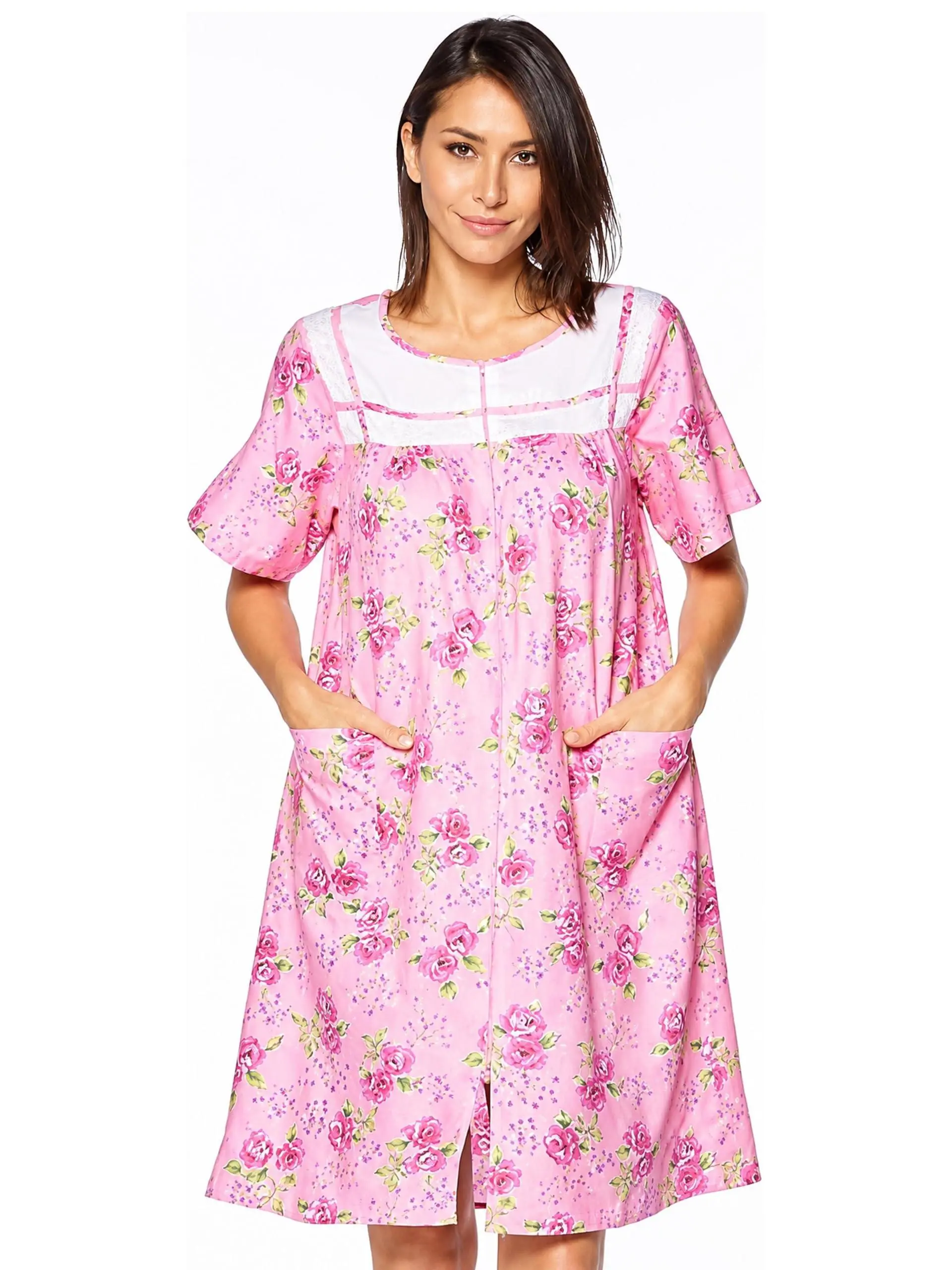 Casual Nights Women's Embroidered Seersucker Housecoat, Breathable Polyester Blend Duster with a Zipper-Front for Maternity Wear, Embroidery, Warmer, Soft, Cap Sleeves, Short Sleeve Tops, Loungewear, Mother's Day, Scoop Neck, Birthdays