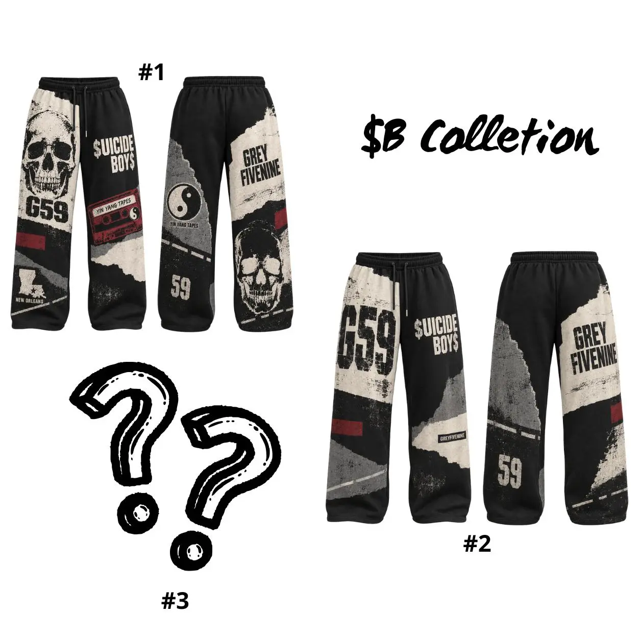 G59 Grey Fivenine Long Loose Baggy Pants - Yin Yang Tapes Rap Joggers, Grunge Underground Streetwear Outfits All Over Print Jogging Sweatpants