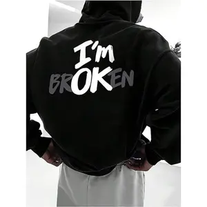 "I'm Broken" Hoodies, Cool Monogram Print Men's Hoodie Sweatshirt, Soft And Comfortable, New Trend Casual Wear For Everyday Comfort Tops Black Pullover Long Sleeve, Unisex Casual Graphic T-Shirts