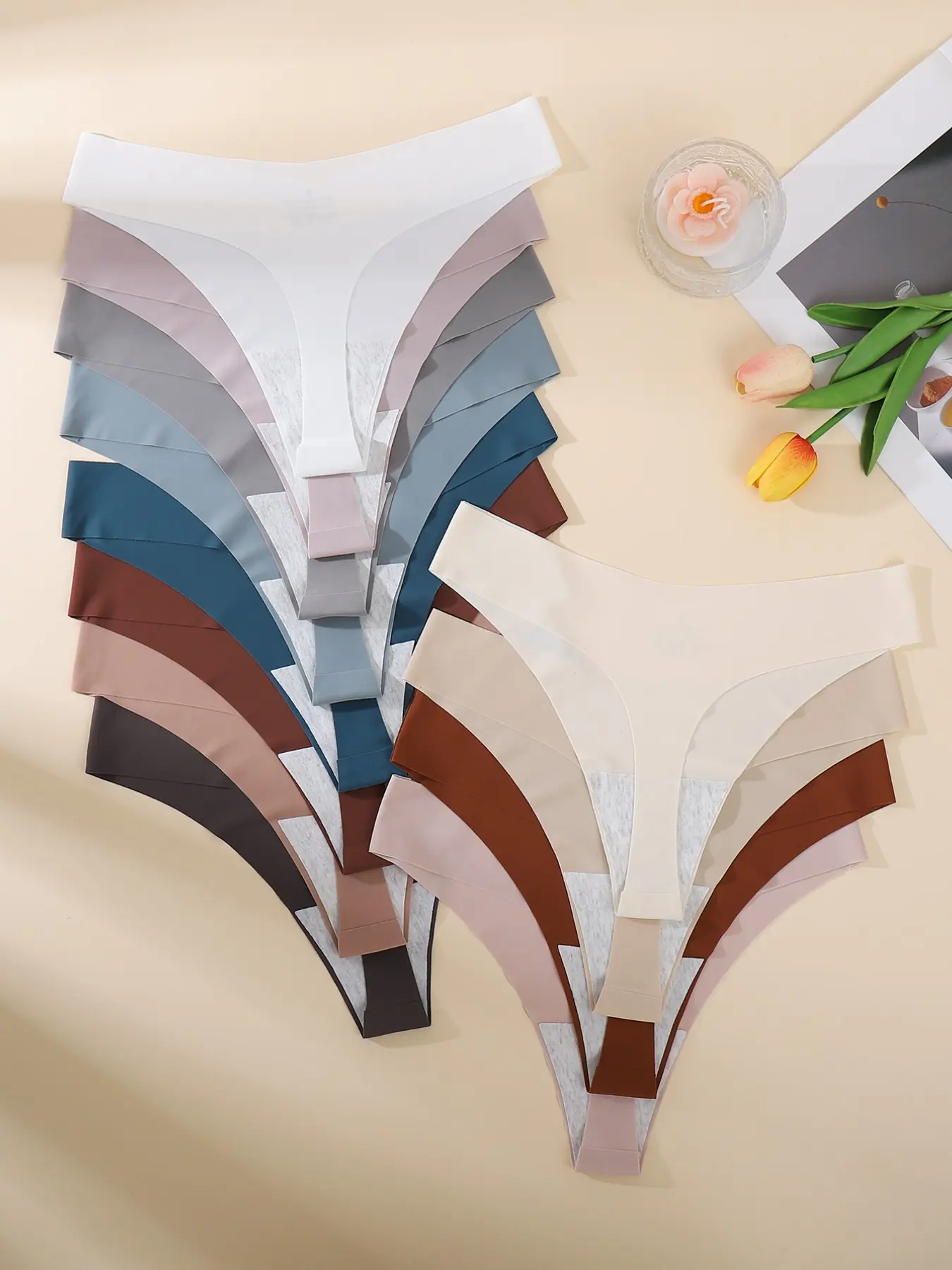 12 Pcs Women's Seamless No Show Thong Panties, Plain Panty Fitted Design, Natural Waist, Ultra-Thin Invisible Sides, Daily Commute & Sports Wear
