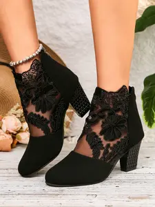Sexy Lace Short Boots, Chunky Heel Non-Slip, Floral Embroidery Party Shoes, Fashion Cool Boots, Slimming High-Heeled Booties