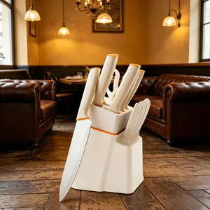 15Pcs White Kitchen Knife Set with Block, Ultra Sharp Stainless Steel Chef Knives Set, Non-Slip Handle, Rust-Proof Cooking Knives for Home, Bread Knife Scissors Included Anti-Rust Ergonomic Craftsmanship Self-Sharpening