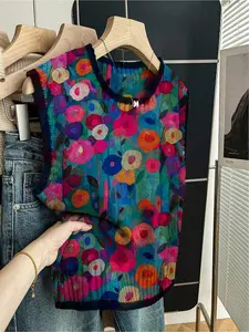 1pc Women's Spring/Summer Back to School Casual Loose Crew Neck Sleeveless Knit Top - Dark Blue Piped Trim, Contrast Floral Patchwork Blue Base Print, Gilet Matchable