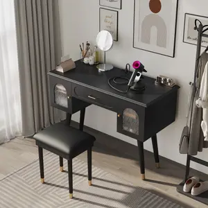 (High end and high-quality)Elegant Vanity Makeup Table & Chair Set, Modern Dressing Table with Organizer, Writing Desk, Charging Port, Black