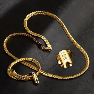 Men Women 18K Golden Plated Necklace Cuban Link Chain&Bracelet, Flat Curb Chain Necklaces Unisex, Gold Plated Chunky Hip Hop Neck Chain, 5mm Width, 19.68/21.65/23.62Inches Length Jewelry for Men Women