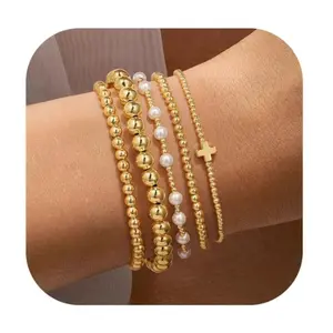 Valentines Day Gifts for Women, Non Tarnish Jewelry for Girls, Dainty Beaded Pearl Cross Bracelet Stack Set, Trendy Stackable Accessories