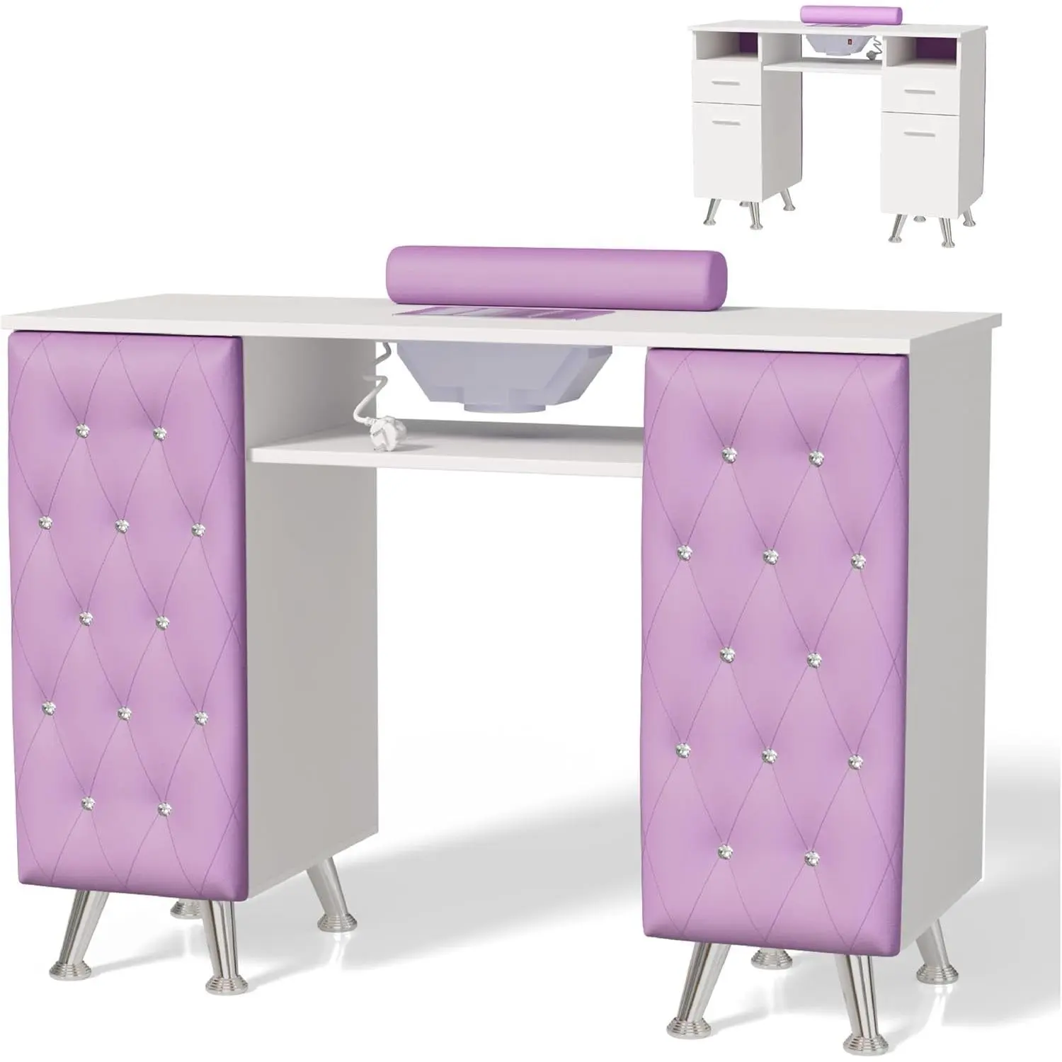 OmySalon Manicure Table w/Dust Collector, Nail Desk for Nail Tech, Nail Station with Storage, for Makeup Beauty Spa Salon, w/Hand Rest, Acetone Resistant, Upholstered Panel w/Diamond