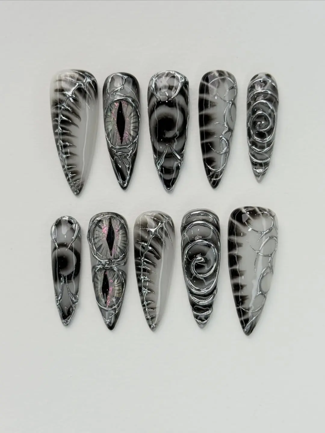 Black and Silver Swirl Gothic Press On Nails Handmade 3D Luxury Stiletto Set