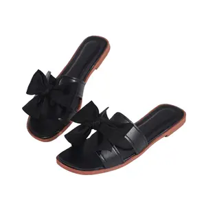 Instagram-Style Summer Solid-Color Bowknot Slides — Versatile Girls' Outdoor Beach Sandals