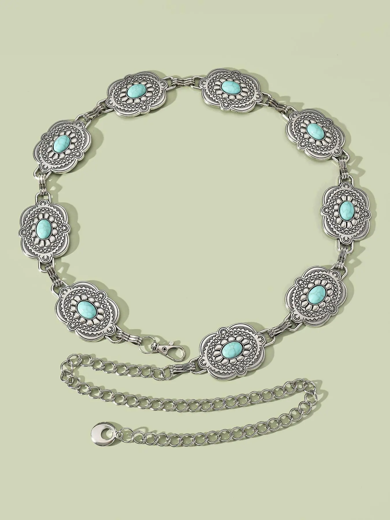 Boho Style Artificial Turquoise Decor Chain Belt, Western Style Vintage Belt for Women, Fashion Accessories for Party, Daily Clothing Decor, Trendy Exquisite Belt for Gift, Western Concho Belts, Boho Style Buckle