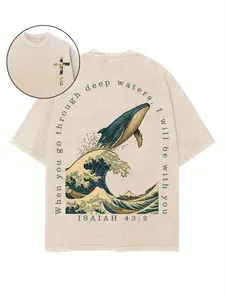 Men's Distressed Festive Washed Casual Graphic T-shirt - 230G Cotton Shortsleeve Menswear Top, Whale & Wave Isaiah 43:2 Print, Machine Washable, Unisex, Holiday Gift for Family & Friends