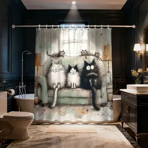 1PC watercolor hand-painted cat shower curtain sofa funny black and white cat print print pattern bathroom curtain waterproof shower curtain set perforated strap hook