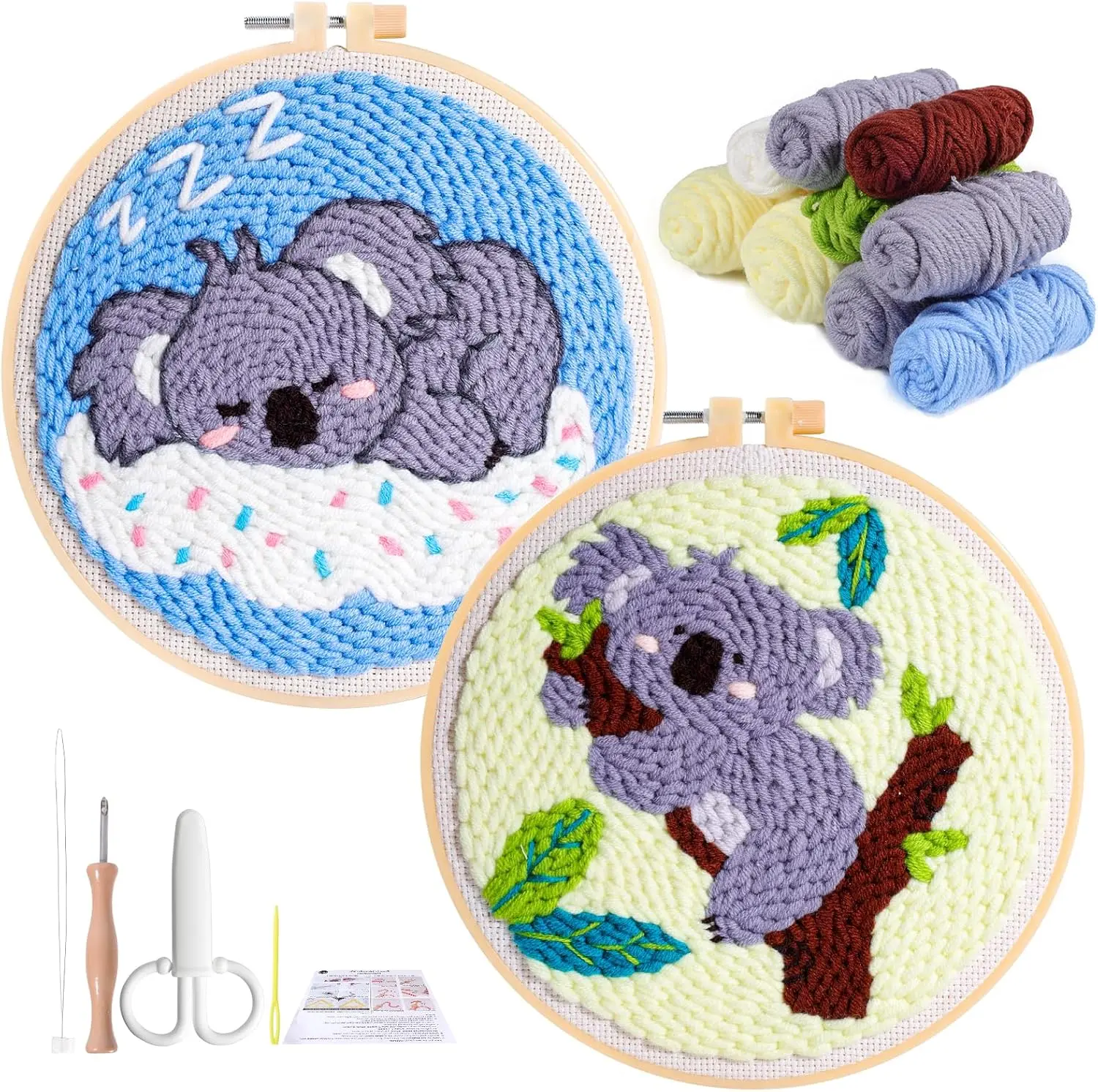 2 Pcs Koala Punch Needle Kit - Easy Punch Needle Embroidery Kits for Beginners Adults, Cute Animals Art Work Decor Punch Stitching kit with Tools, Yarns, Hoop, Instruction
