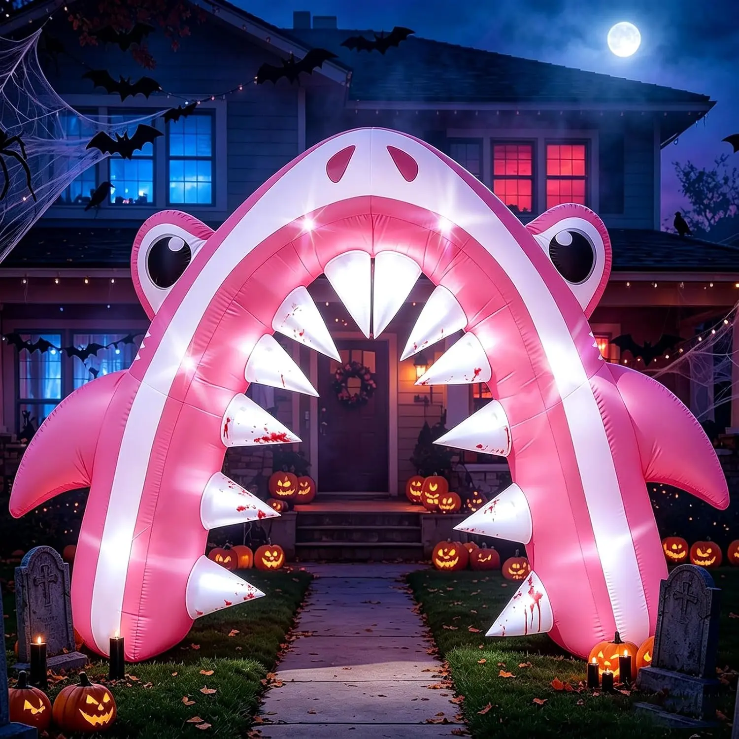 13FT Halloween Pink Shark Inflatable Arch for Yard Lawn Decor | Giant Shark Blow Up with Built-in 6 LED Lights and 1 Blower for Indoor/Outdoor Halloween Shark Birthday Party Decorationspooky season decor, spooky yard decor, halloween yard decor, halloween