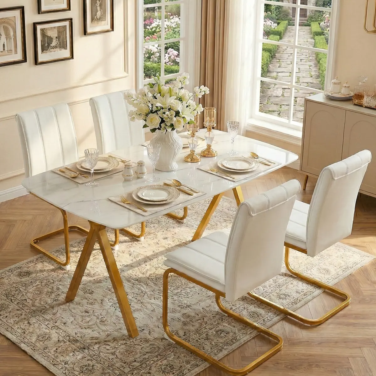 [Fahuac] Glass Dining Table - Mid-Size 51.2x27.6x29in, Marble Pattern Tempered Glass, Gold Legs, Triangle Dining Table with Triangular Structure, Glass Dining Tables, Mid-Size Dining Tables