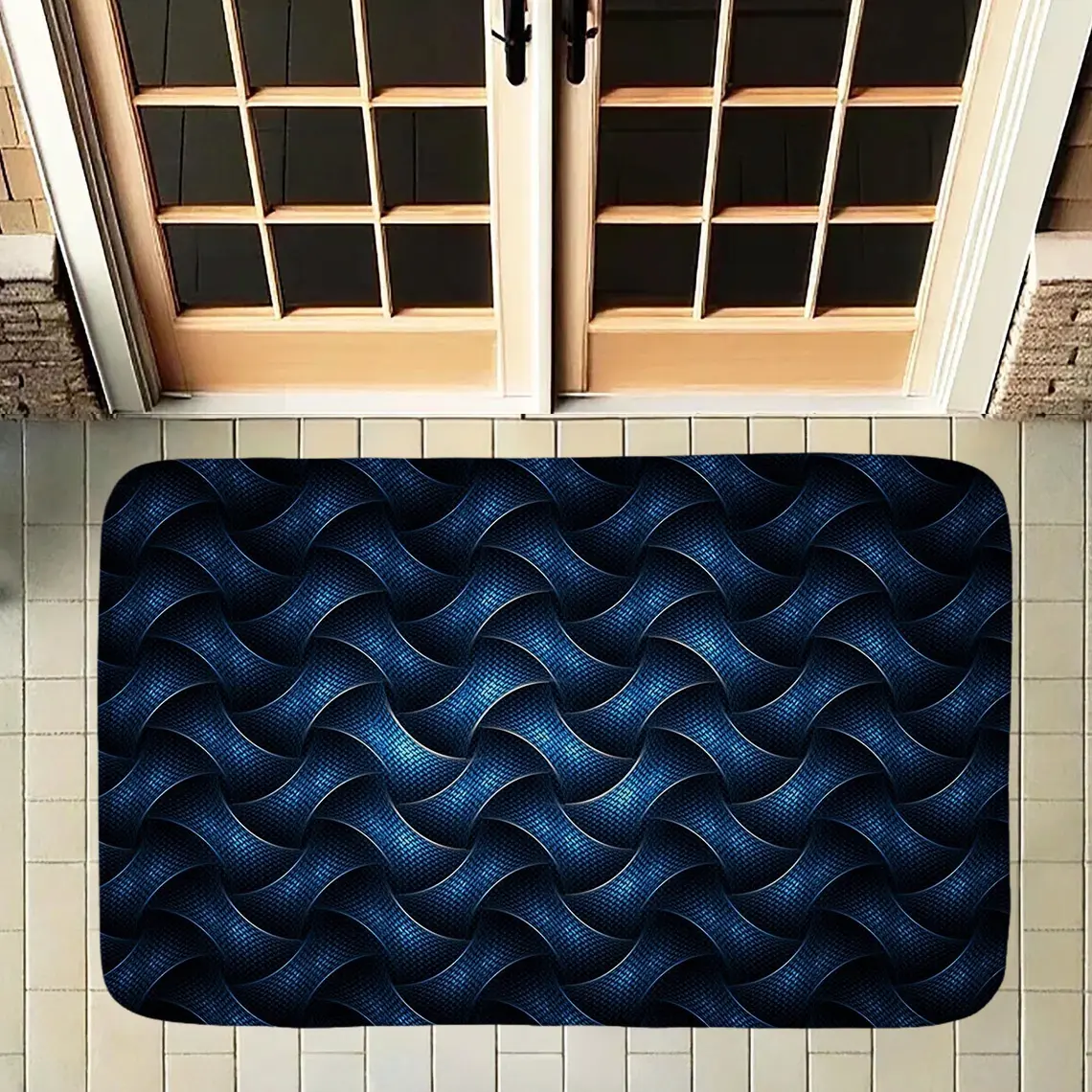 Modern 3D Geometric Doormat Luxury Blue Woven Texture Welcome Mat Non Slip Absorbent Entrance Floor Rug Creative Optical Illusion Area Carpet for Front Door Indoor Outdoor Home Decor Geometric Grid Foot Pad