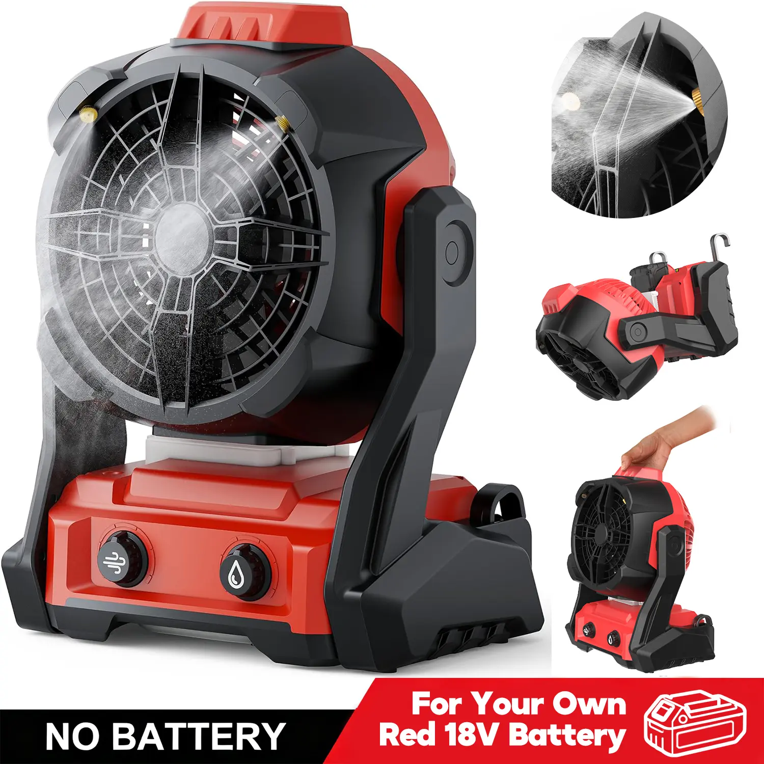 Portable Misting Fan for Milwaukee M18 Battery( Tool Only), Battery Powered Electric Mist Fan for Outside Camping Tent Room Office Jobsite Fishing, Oscillating Cooling Fan with Hook, Charging Port, Red