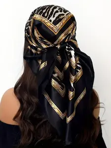 1 piece Women's 35.4×35.4 inch Satin Retro Leopard Print Square Scarf, Imitation Silk Simple Versatile Thin Silk Scarf, Travel Sun Protection Square Scarf Shawl
