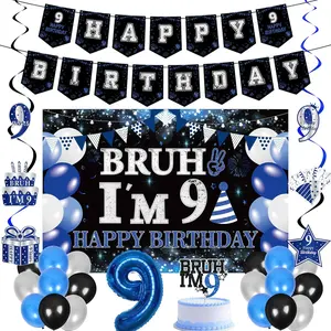 9th Birthday Decorations Banner Boys - 29 Pcs Blue Black Bruh I'm 9 Backdrop Cloth Number Foil Latex Balloons Star Hanging Swirls Cake Topper Party Supplies for Boy Girls Nine Years Old Bday Decor