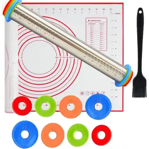 Rolling Pin 3 Set and Silicone Baking Pastry Mat Steel Dough Roller 17.4" Rolling Pins for Baking Dough