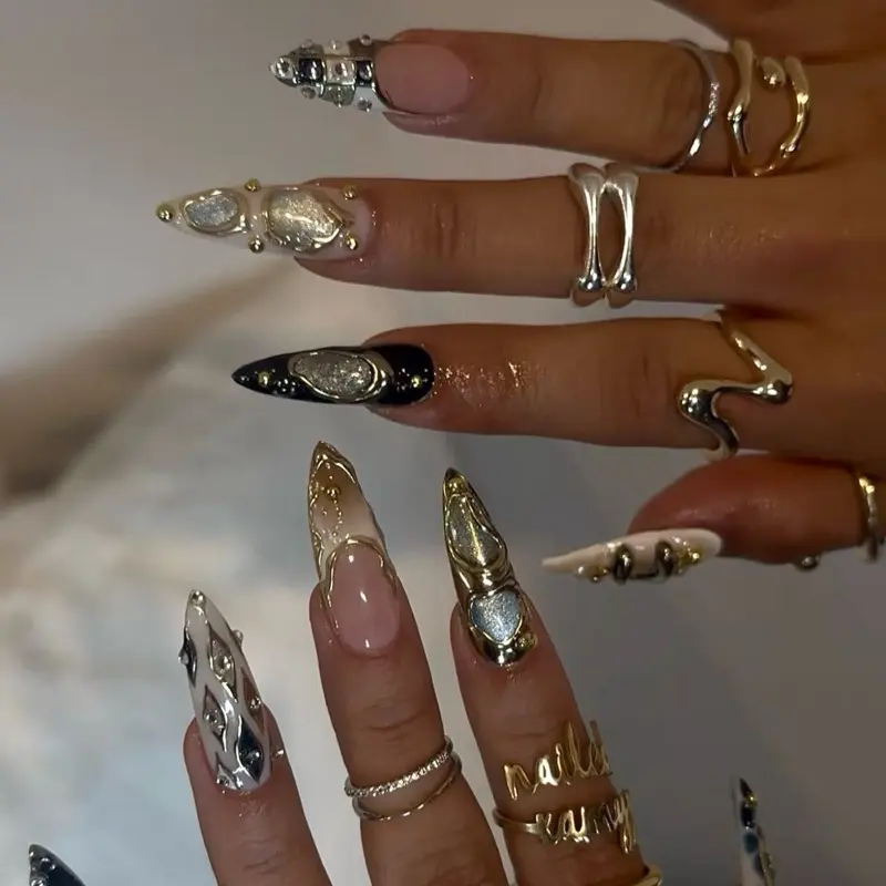 SHEDARES Metallic Chrome – Luxury Press-On Nails with Crystals, Pearlescent Shine & Sculpted Metal Art – Perfect for Night Out & Special Events