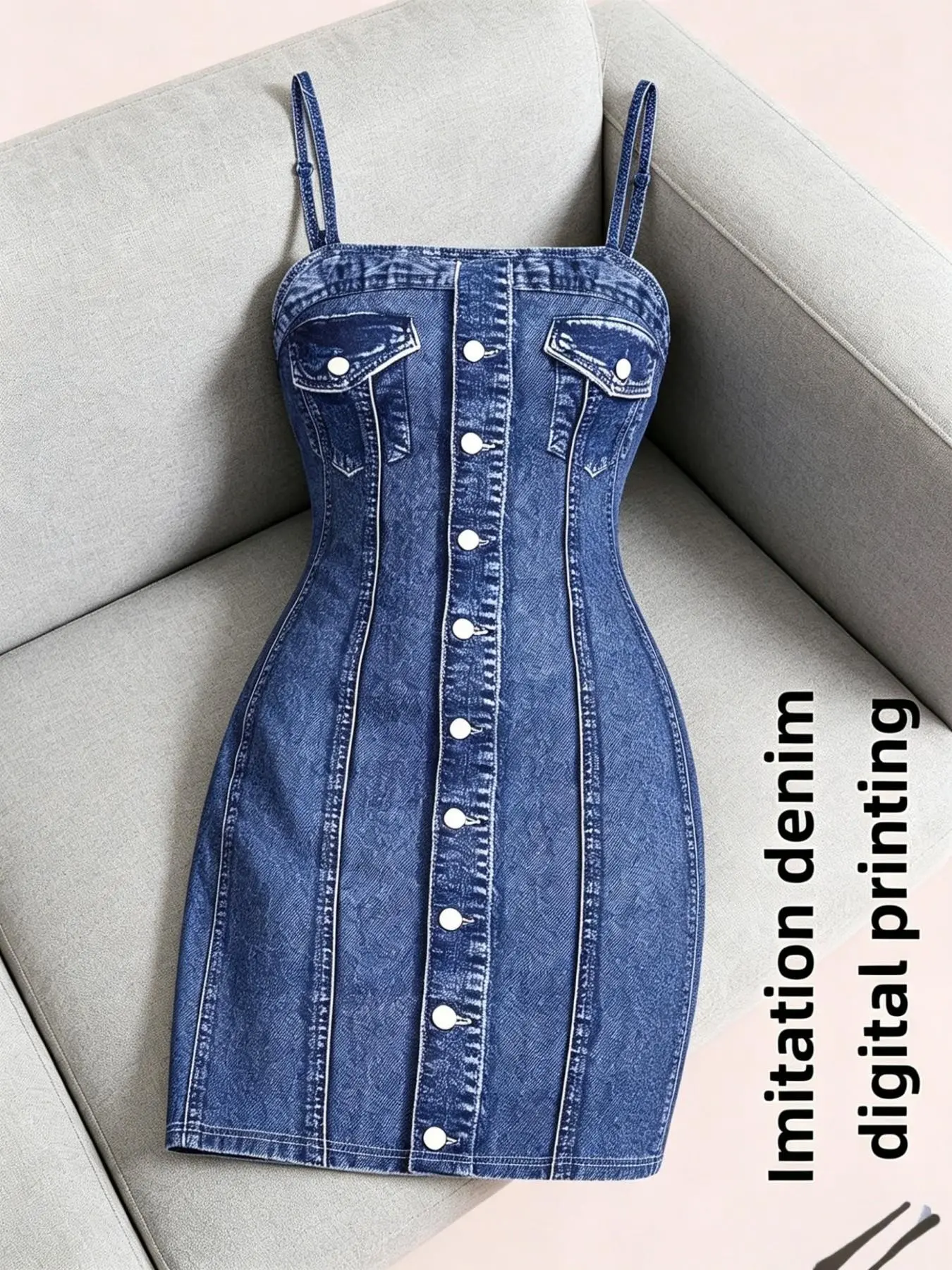New Elegant Chic Denim-Style Digital Print Halter Skirt for Women, Single Row Button Waist Cinch Slimming Butt Lift Skirt