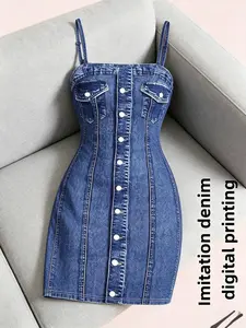 New Elegant Chic Denim-Style Digital Print Halter Skirt for Women, Single Row Button Waist Cinch Slimming Butt Lift Skirt