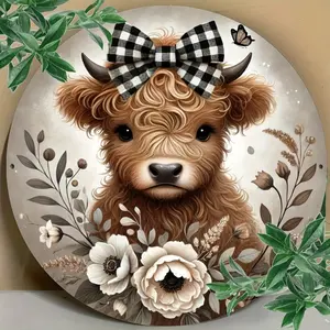 1pc Round Aluminum Highland Cow Sign with Floral Wreath Charming Brown and White Checkered Bow Tie Design Rustic Farmhouse Design Perfect for Home Kitchen Garden Office Decor Ideal for Christmas Halloween Room Themes Festive Decor Vintage Plaque Decor