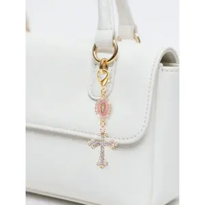 Christian cross keychain, adorned with a Virgin Mary pearl and diamond charm - cross keychain, bag charm, cross pendant, wallet and backpack accessory