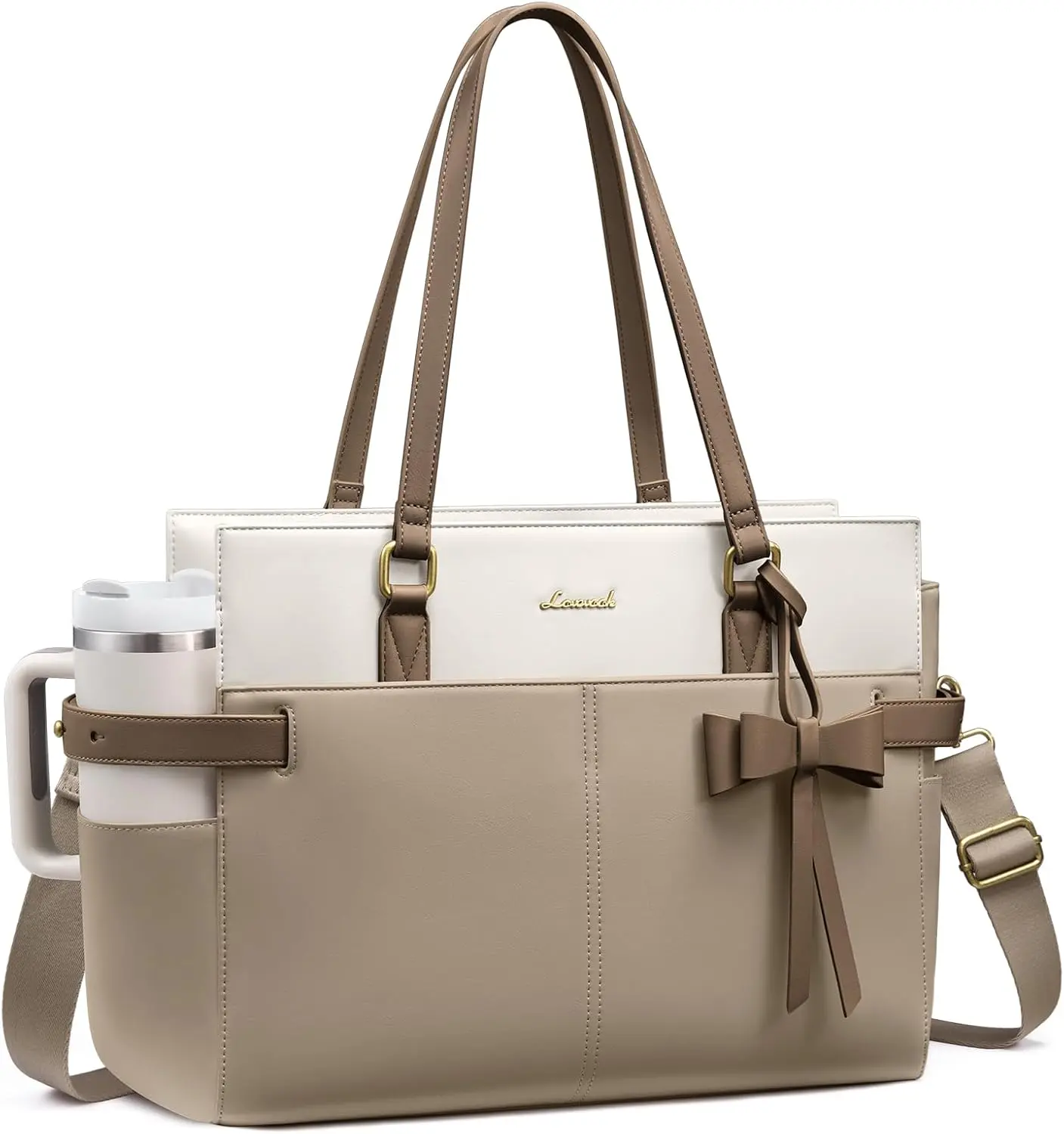 LOVEVOOK Work Tote for Women, PU Leather Laptop Bag with Large Cup Holder | Waterproof, Fits 15.6-Inch Laptop, Business Briefcase, Vintage PU Leather Handbag, Luggage Strap, Gift with Bow Knot