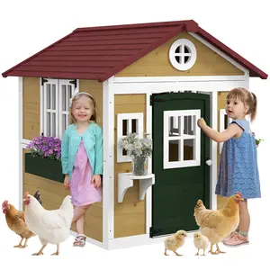 Wooden Playhouse for Kids – Beige. Outdoor Playhouse with Doors, Windows, Planter Pots & Boxes. Converts to Chicken Coop. Ages 3-8