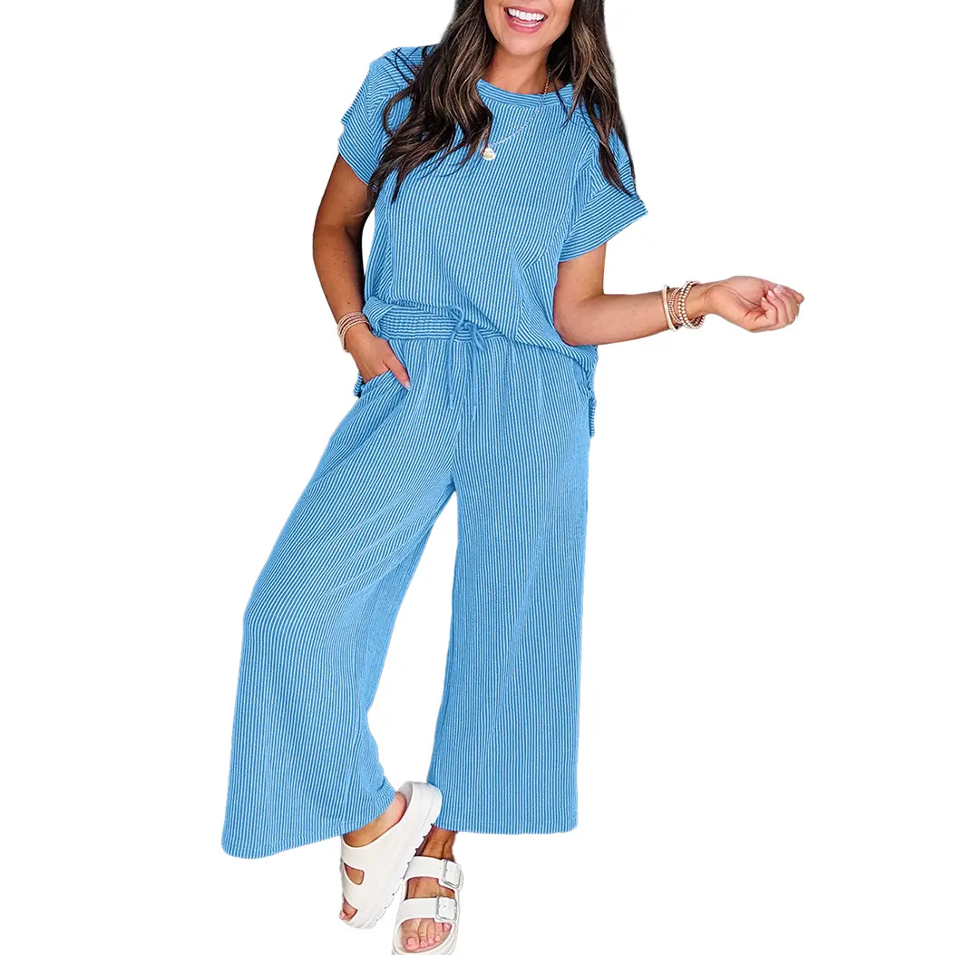 Women's 2-Piece Casual Wear Summer Set - Textured Stripe Raglan Shortleeve Loose T-Shirt, High Waist Drawstring Pocket Wide Leg Pants, Simple Knit Fabric, Round-Crew Neck