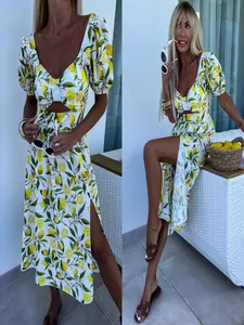 Women's Short Sleeve Lemon Print Split Dress Summer Backless Vacation Style Bubble Sleeves, Casual Fashion Clothing for Women