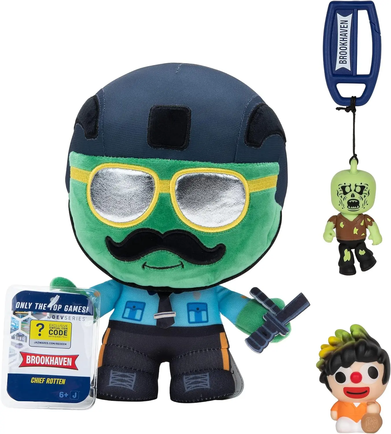 Roblox Brookhaven Collector Bundle - Three Exclusive Virtual Item Codes with Chief Rotten Plush, Sparkplug Squooshems, and Zombie Hanger
