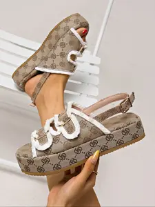 Women's Thick Sole Fashion, Patterned Fur Trimmed Slip-On Flats, Back Strap Buckle Design, Fabric Upper Comfort Shoes, Fashionable Embossed Sandals