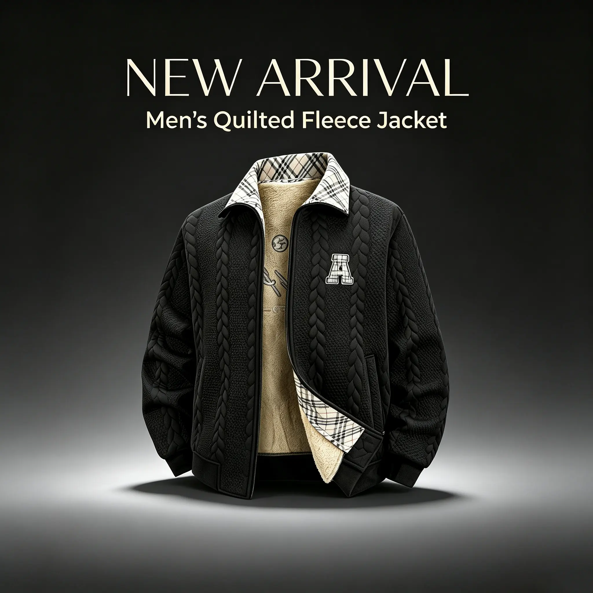 Men’s jacquard woven texture fleece jacket with thick down lining for warmth in winter; stylish letter embroidery baseball jacket suitable for everyday streetwear.